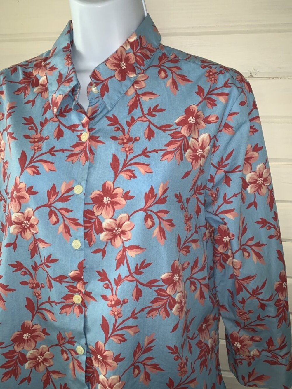 CHARTER CLUB Sz 14 Blue Salmon Pink Floral Button Up 100% Cotton Tunic EUC